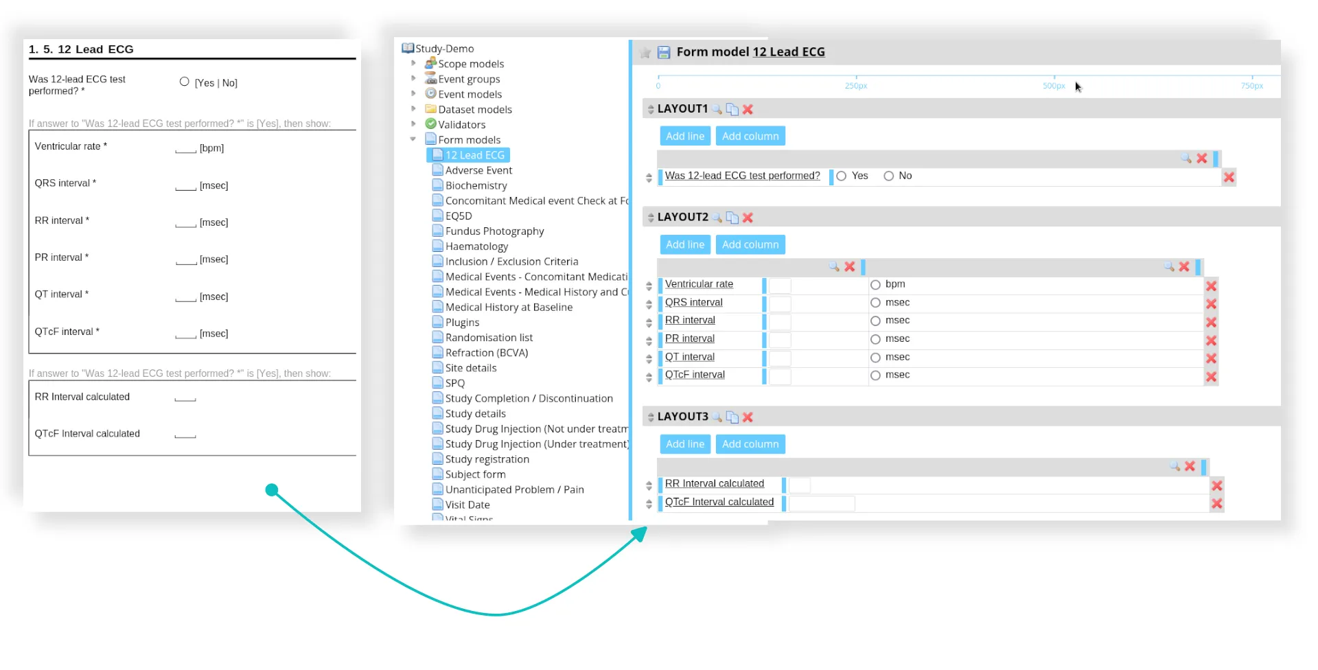 A paper page from a study protocol being transformed into a an eCRF using a custom configuration tool