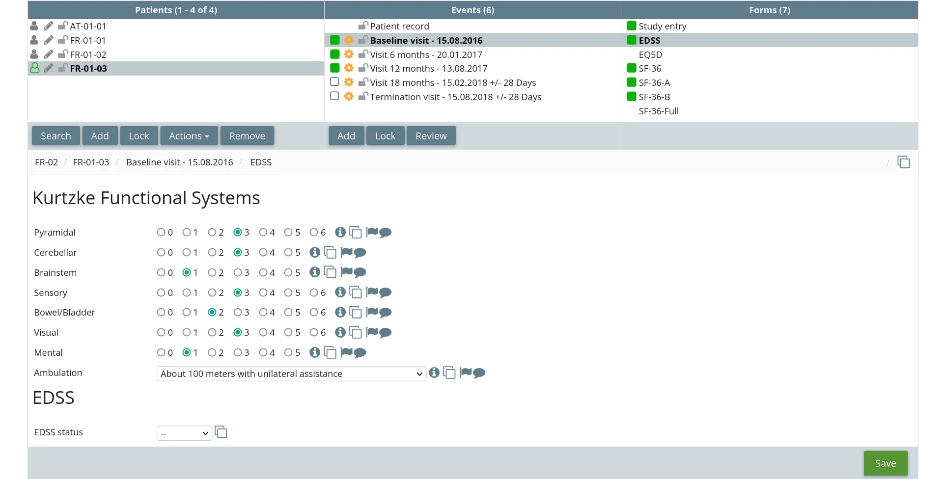 CRF form displaying the data input